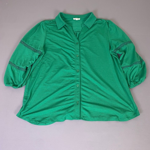 Como Blu Tops - Como Blu Blouse Top Womens 1X Green Textured Button Front 3/4 Sleeve Lace Detail